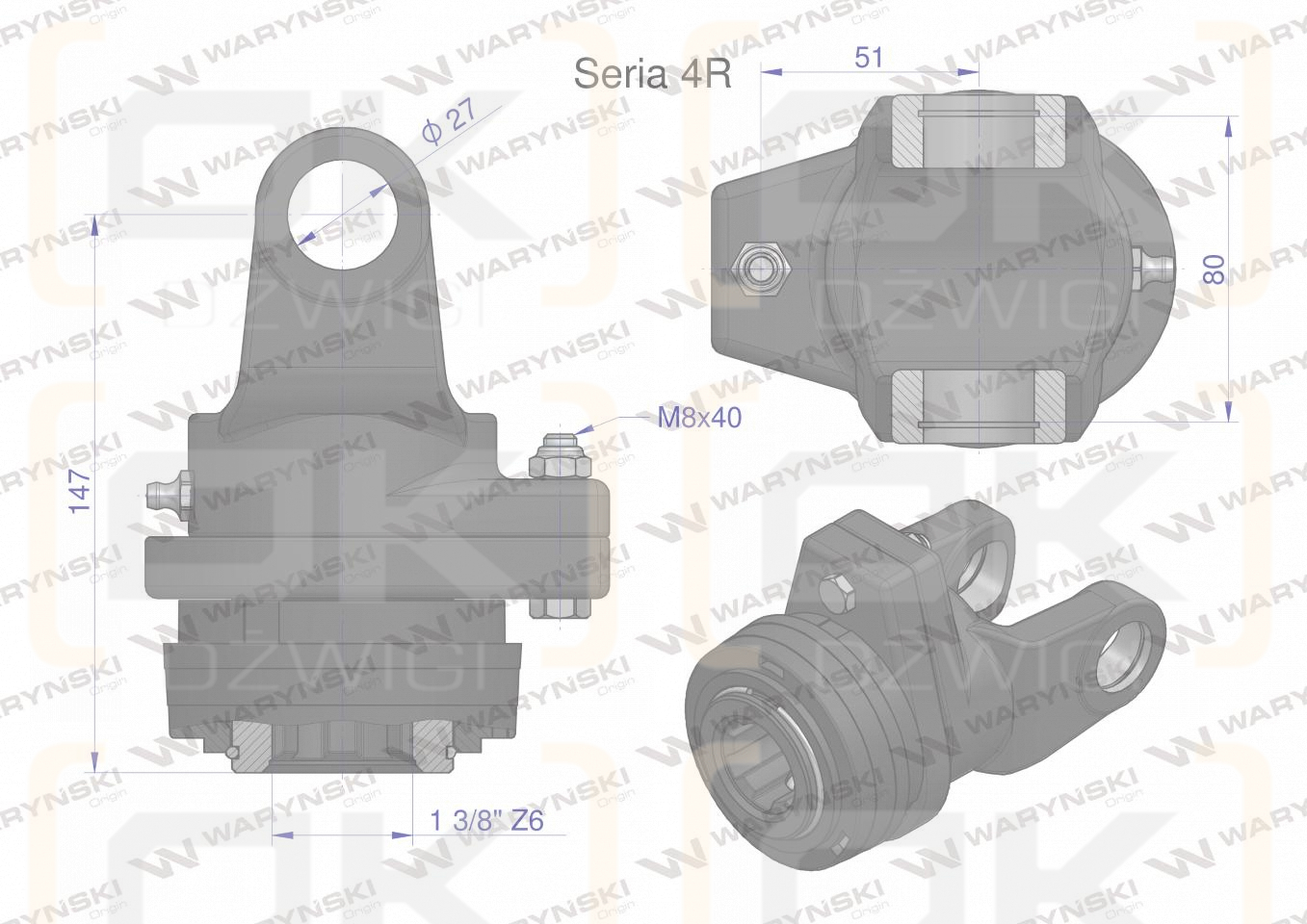 Sprzęgło na kołek wału Seria 4R 1900Nm - 27x82 - 1 3/8 Z6 WARYŃSKI