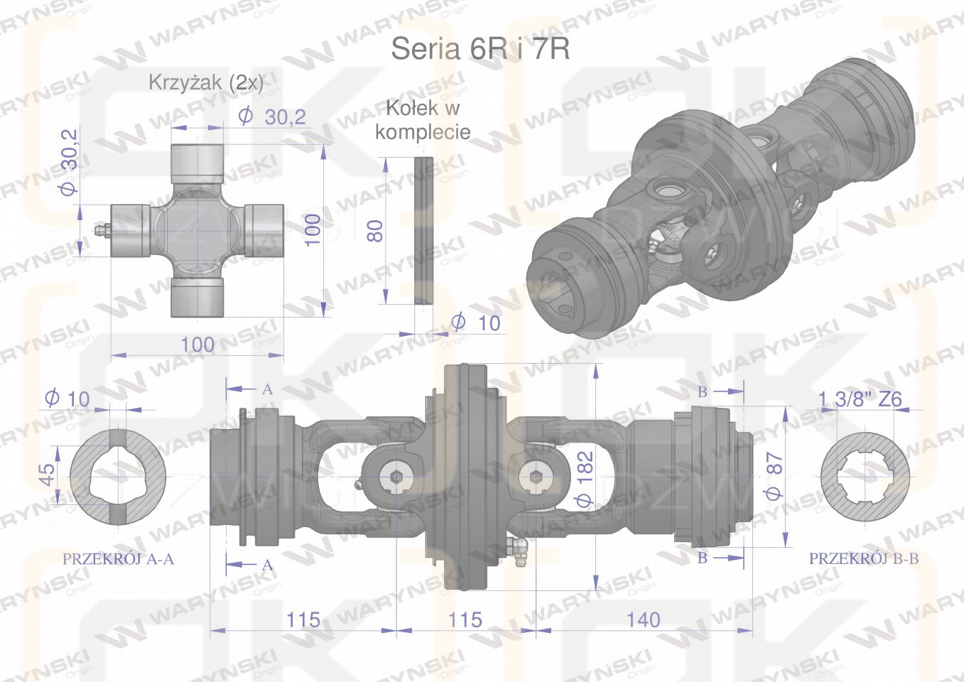 Przegub szerokokątny kpl. wału Seria 6R 7R na rurę 45x5.5 - 1 3/8 Z6 WARYŃSKI