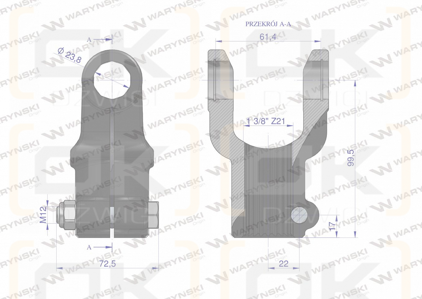 Widłak wału skręcany na śrubę 1 3/8 Z21 - 23.8X61.3  Seria 2R Waryński