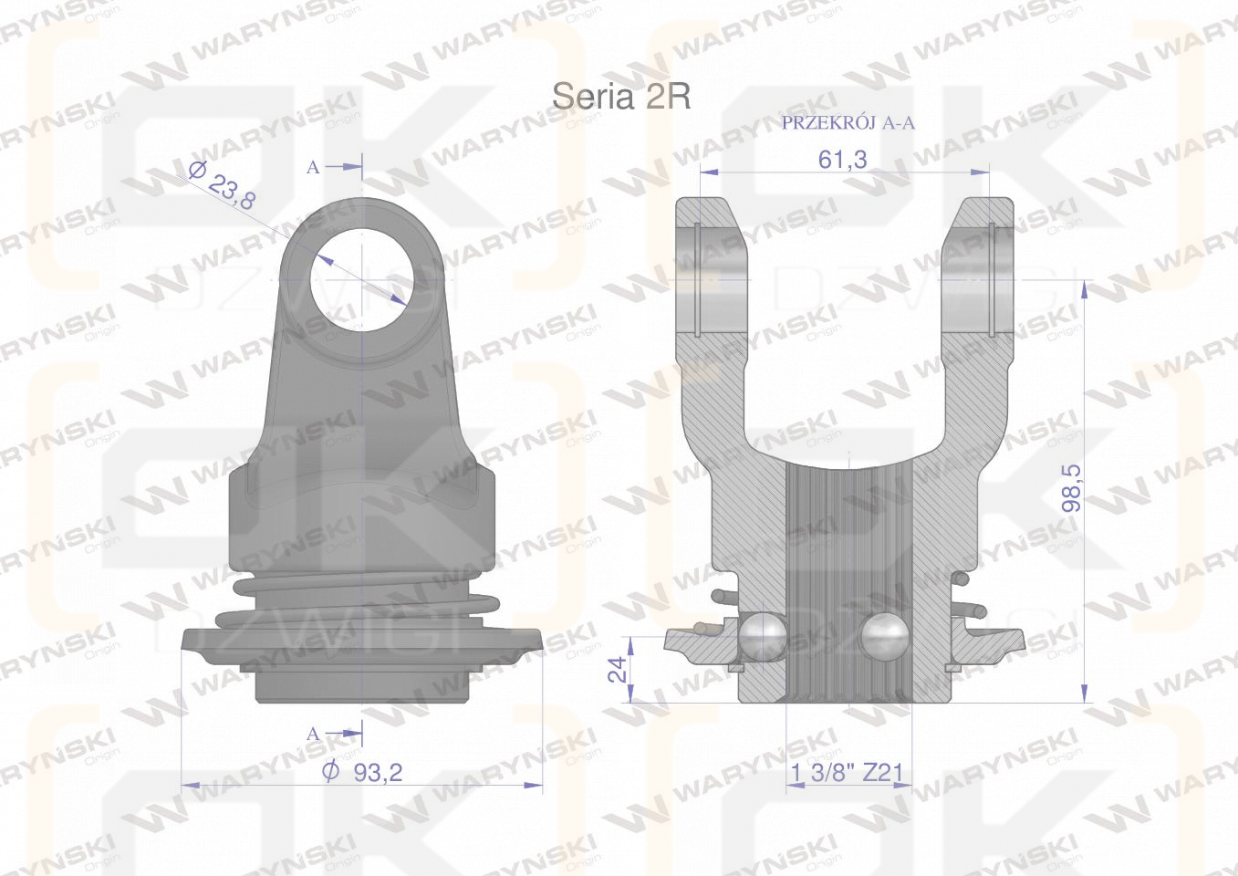 Widłak wału z pierścieniem 1 3/8 Z21 - 23.8X61.3 Seria 2R Waryński