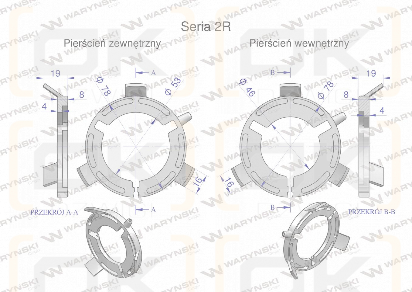 Plastikowe łożyska do obudowy wału zestaw 73x46mm i 73x53mm Seria 2R Waryński