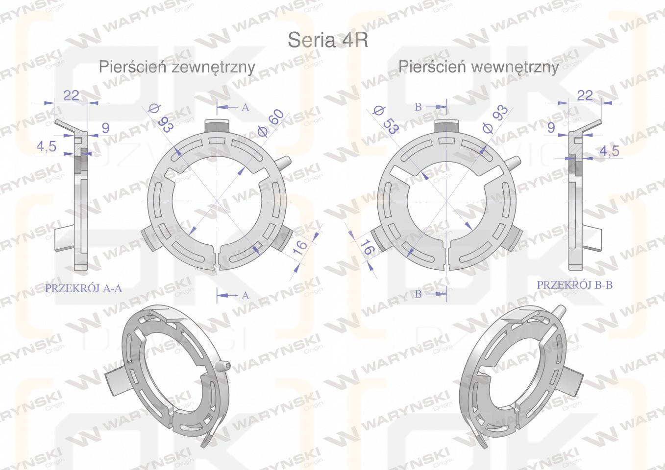 Plastikowe łożyska do obudowy wału zestaw 93x53mm i 93x60mm Seria 4R Waryński