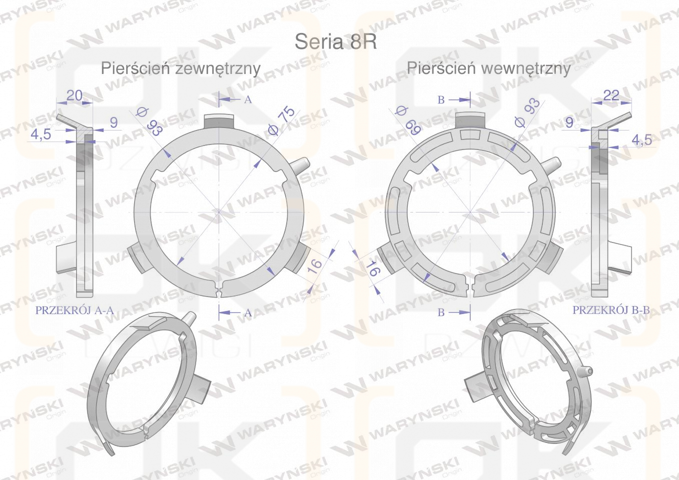 Plastikowe łożyska do obudowy wału zestaw 93x69mm i 93x75mm Seria 8R Waryński