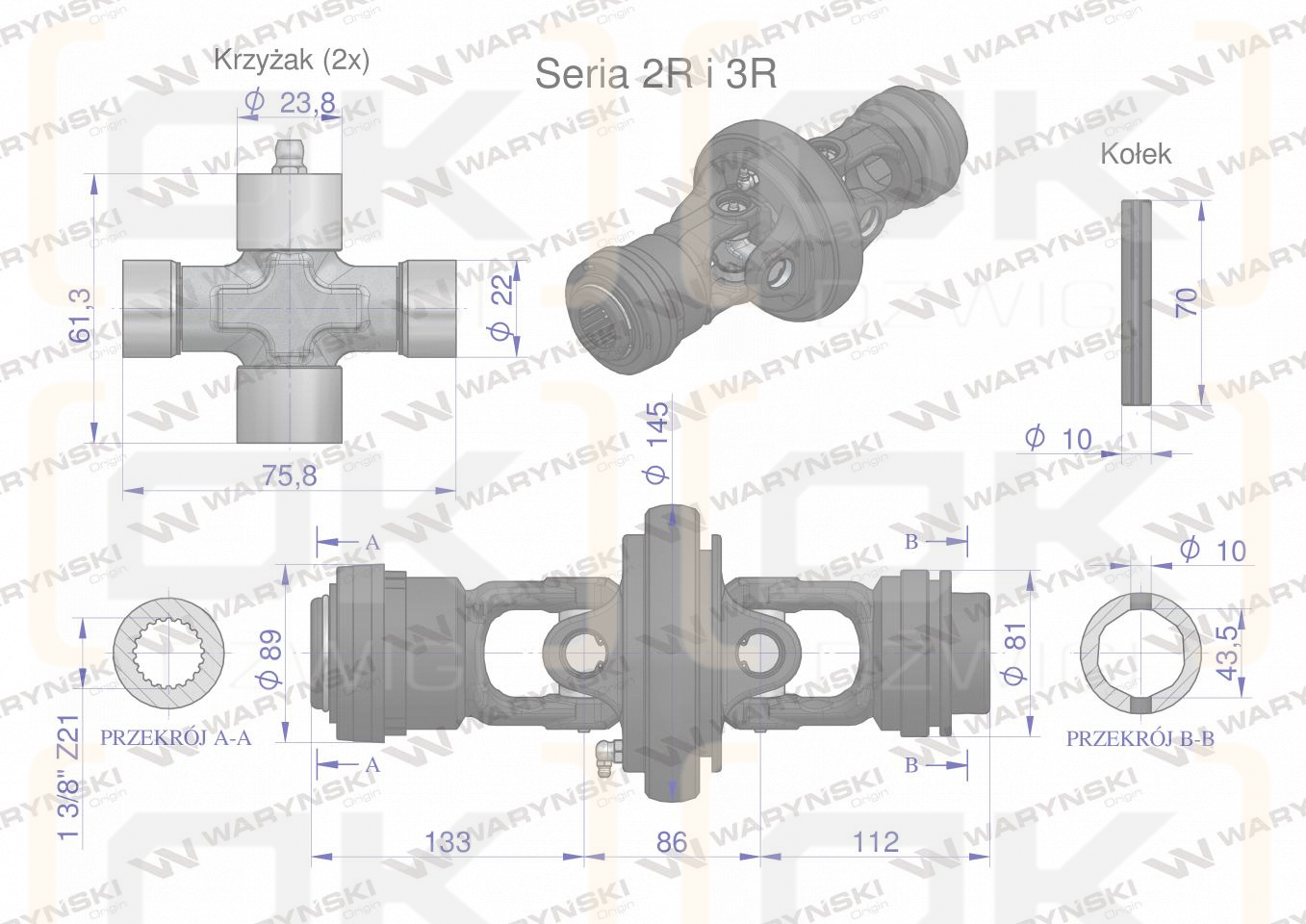Широкоугольный шарнир, полный Вал серии 2R. 3R для трубы 43,5X3,4 - 1 3/8 Z21, Waryński