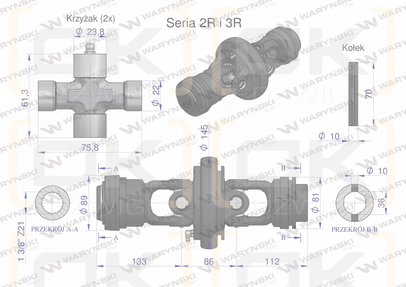 Широкоугольный шарнир, полный Вал серии 2R. 3R для трубы 36x4,5 - 1 3/8 Z21, Waryński
