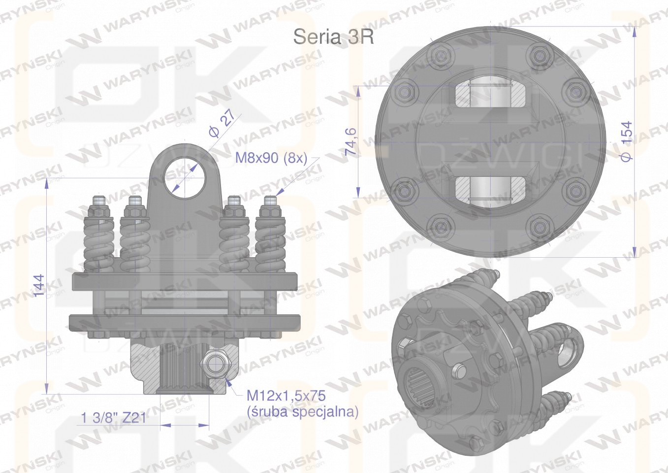 Sprzęgło cierne 2 tarczowe wału Seria 3R 900Nm - 27x75 - 1 3/8 Z21 WARYŃSKI