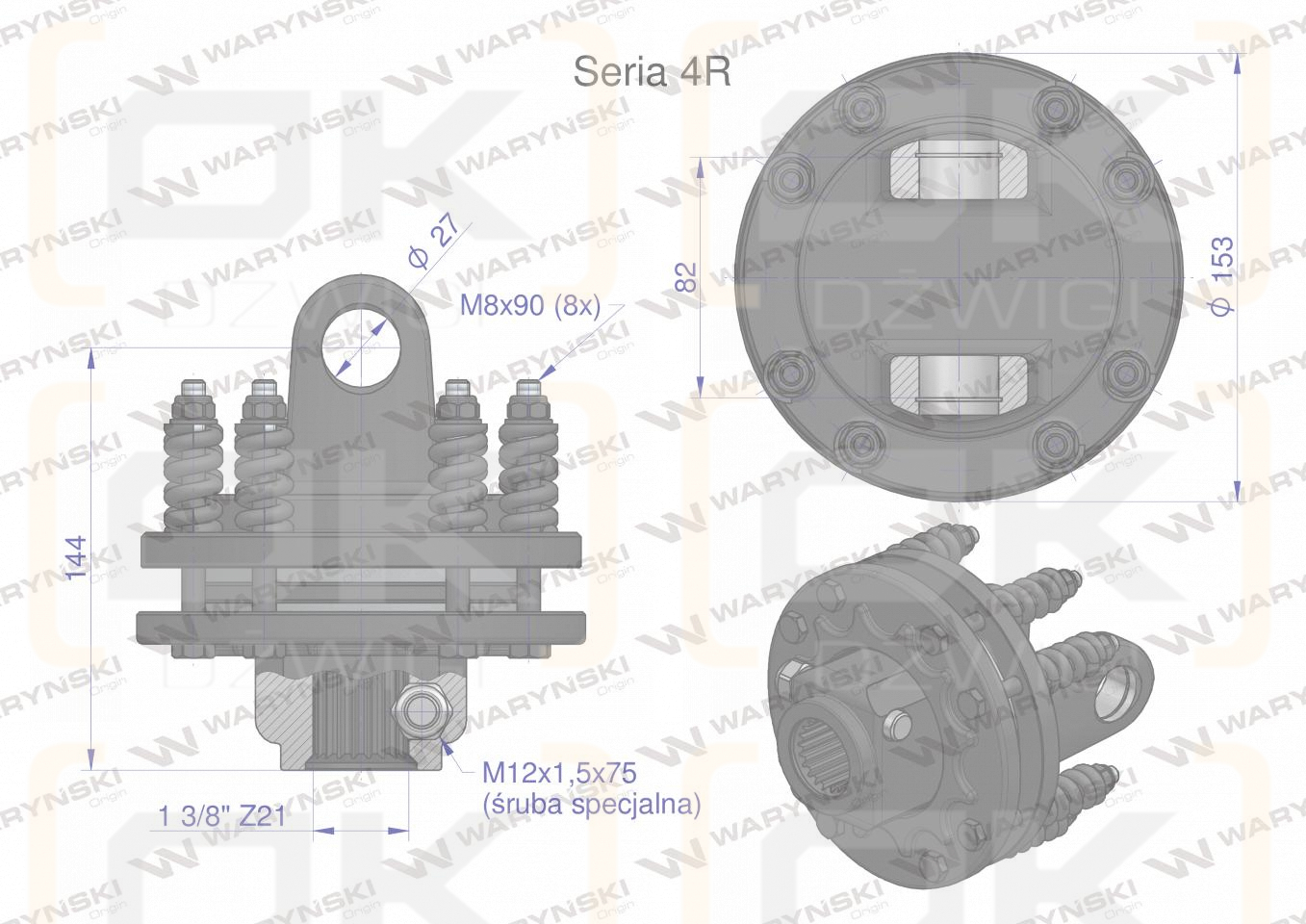 Sprzęgło cierne 2 tarczowe wału Seria 4R 900Nm - 27x82 - 1 3/8 Z21 WARYŃSKI