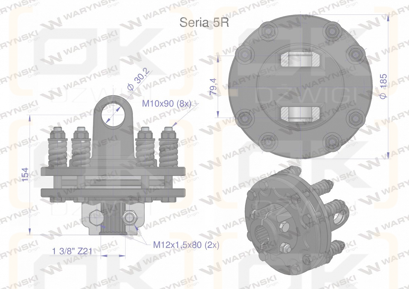 Sprzęgło cierne 2 tarczowe wału Seria 5R 1200Nm - 30x80 - 1 3/8 Z21 WARYŃSKI