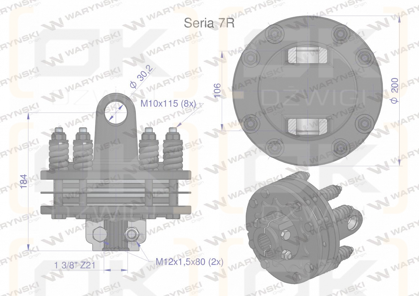 Sprzęgło cierne 4 tarczowe wału Seria 7R 1700Nm - 30x106 - 1 3/8 Z21 WARYŃSKI