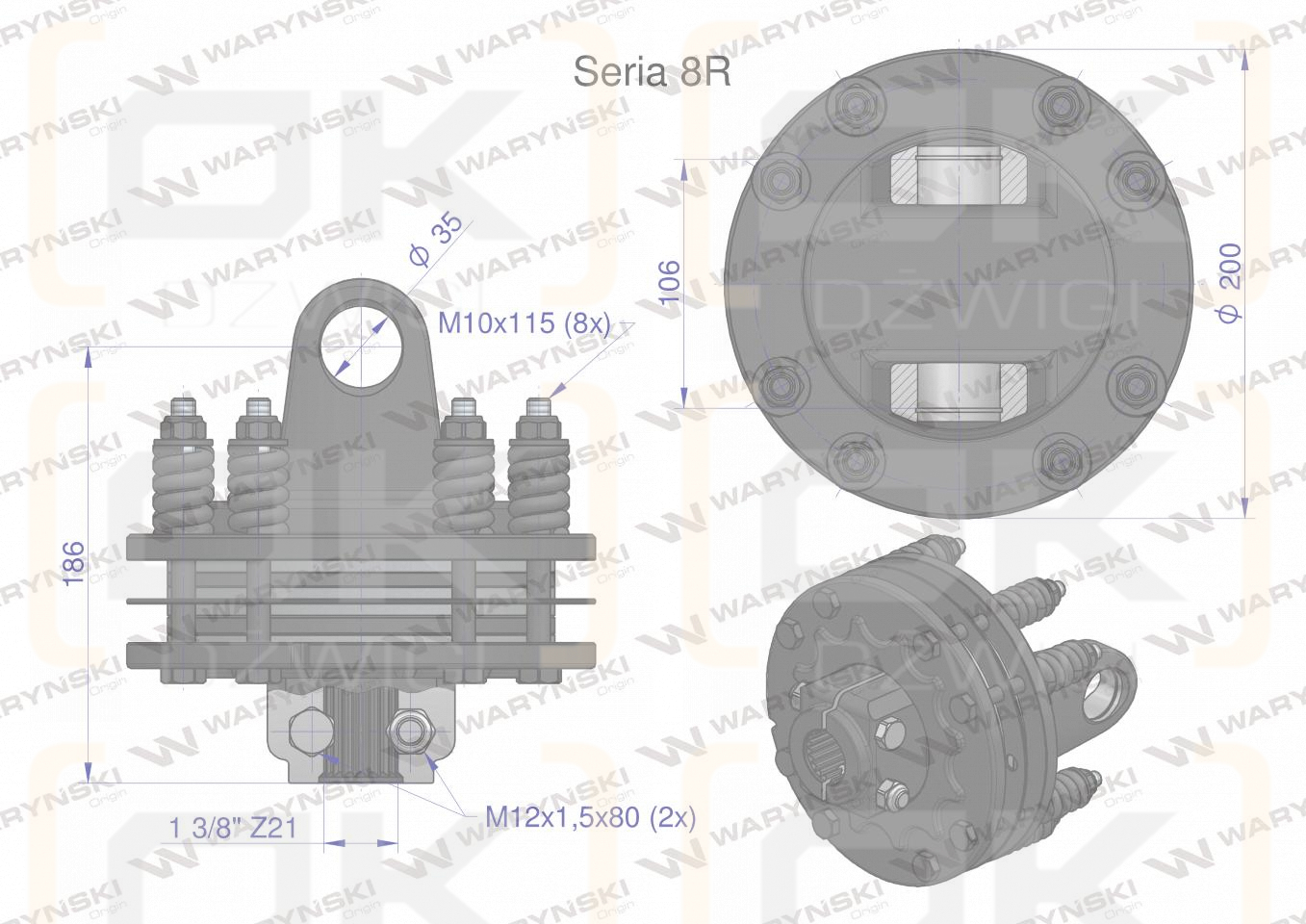 Sprzęgło cierne 4 tarczowe wału Seria 8R 1700Nm - 35x106 - 1 3/8 Z21 WARYŃSKI