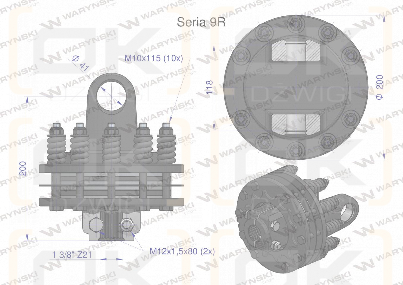 Sprzęgło cierne 4 tarczowe wału Seria 9R 1700Nm - 41x118 - 1 3/8 Z21 WARYŃSKI