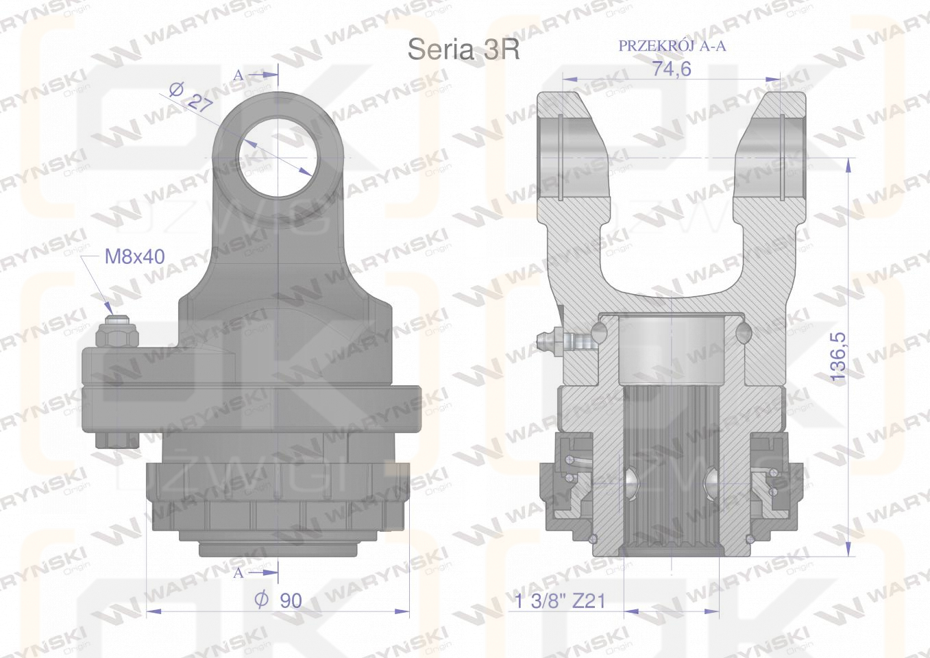 Sprzęgło na kołek wału Seria 3R 1700Nm - 27x75 - 1 3/8 Z21 WARYŃSKI