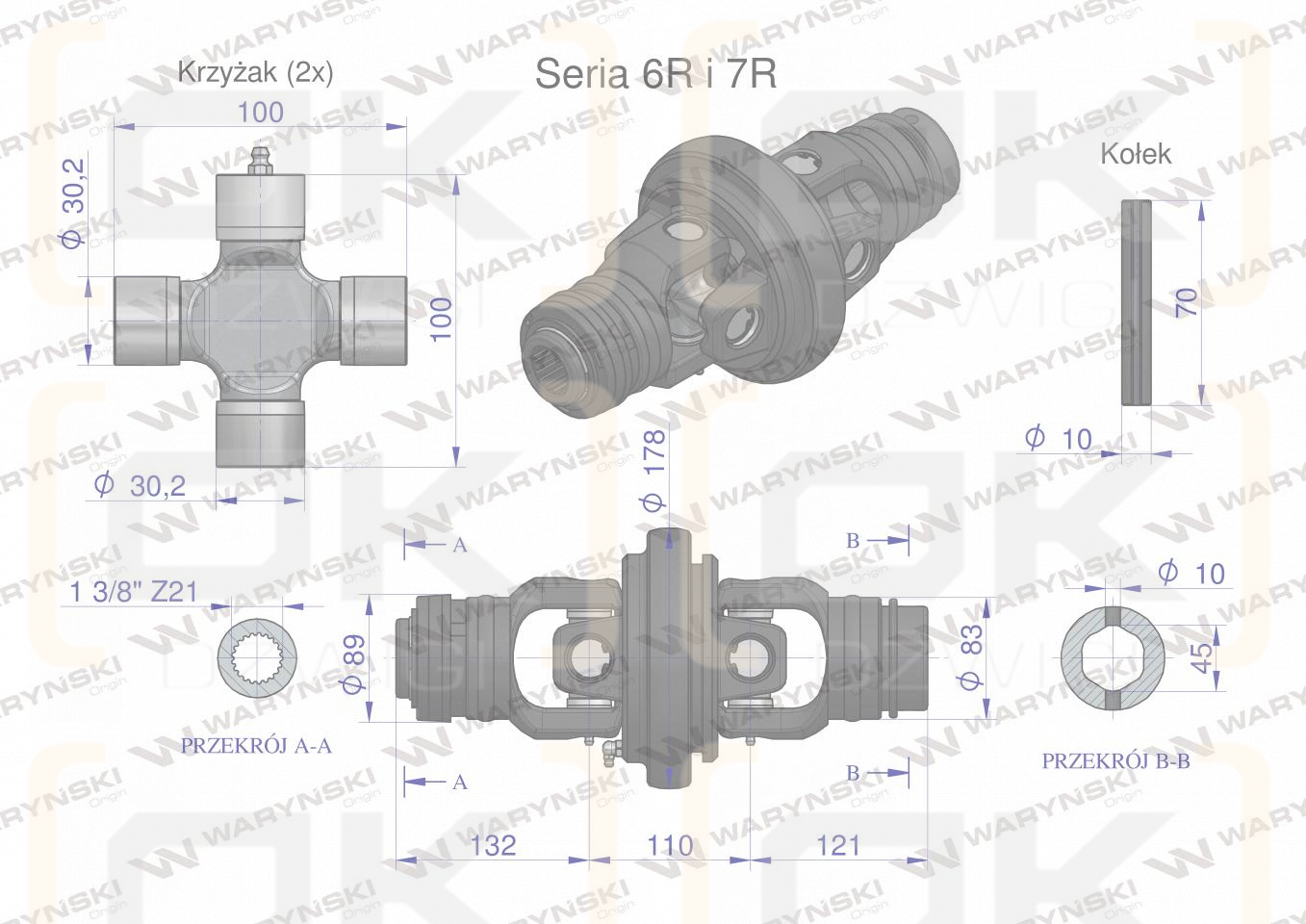 Articulación de gran ángulo, completa Eje serie 6R 7R para tubo 45x5,5 - 1 3/8 Z21, Waryński