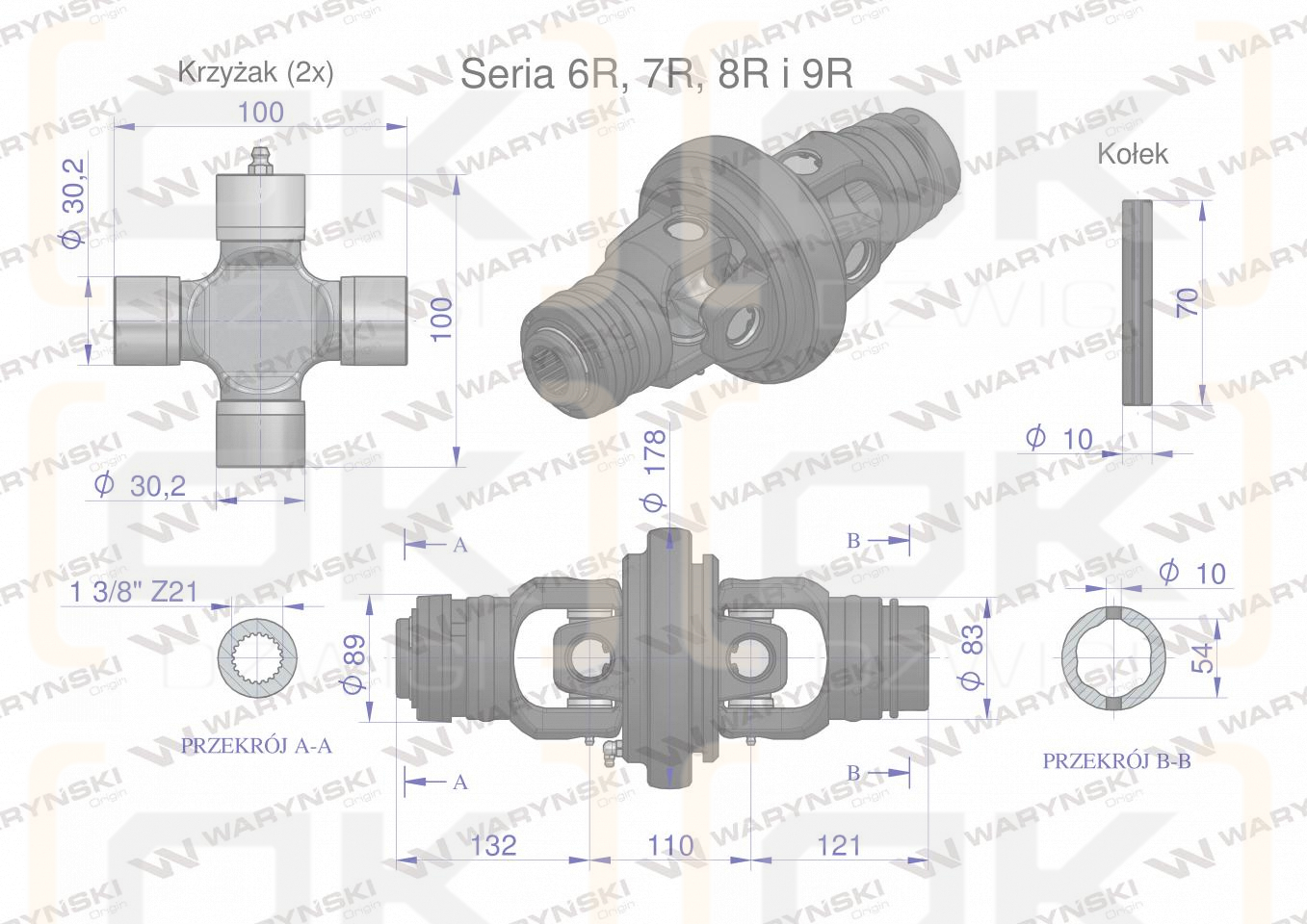 Articulación de gran ángulo, completa Eje serie 6R 7R 8R 9R para tubo 54X4 - 1 3/8 Z21, Waryński