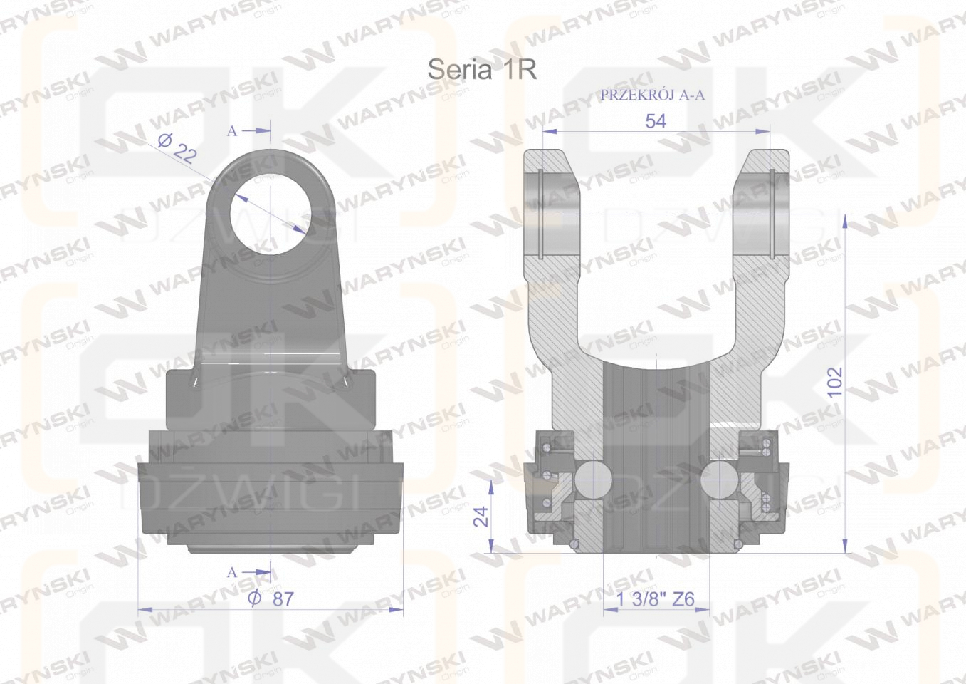 Widłak z pierścieniem 1 3/8 Z6 - 22X54  Seria 1R CE2020 Waryński W21910505B W21910507B WR217101