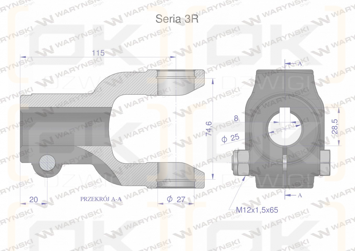 Widłak na wpust 8 śr.otw.25mm - 27X74.6 Seria 3R Waryński