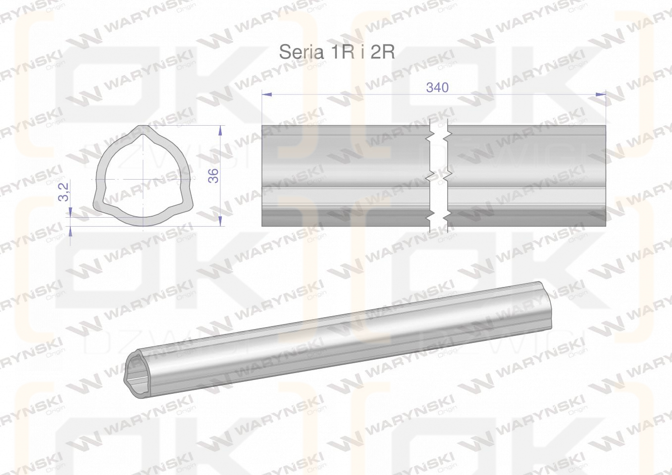 Rura wewnętrzna Seria 2R, rura zewnętrzna Seria 1R do wału 460 przegubowo-teleskopowego 36x3.2 mm 340 mm WARYŃSKI