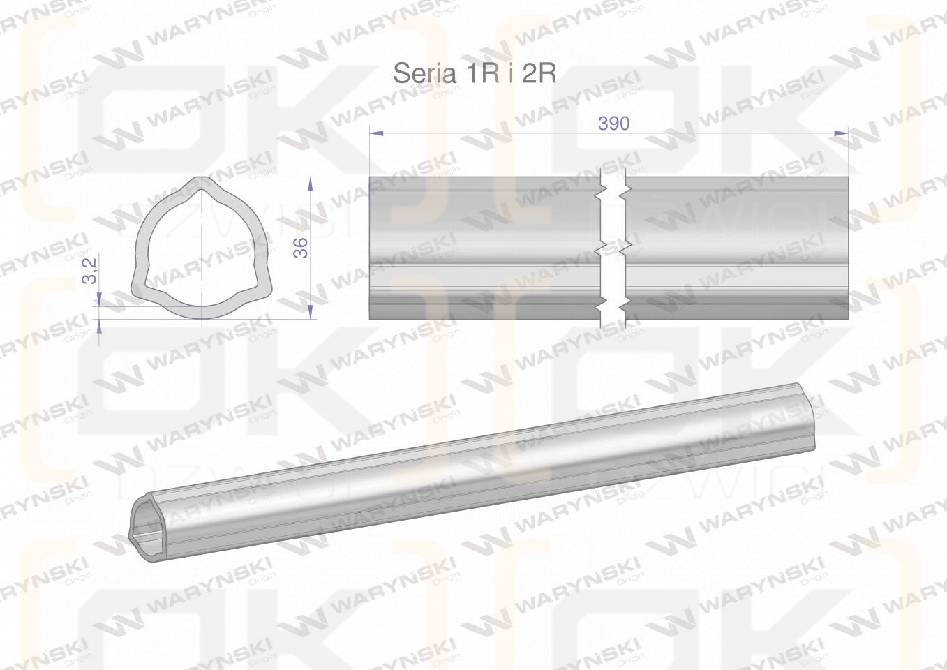 Rura wewnętrzna Seria 2R, rura zewnętrzna Seria 1R do wału 510 przegubowo-teleskopowego 36x3.2 mm 390 mm WARYŃSKI