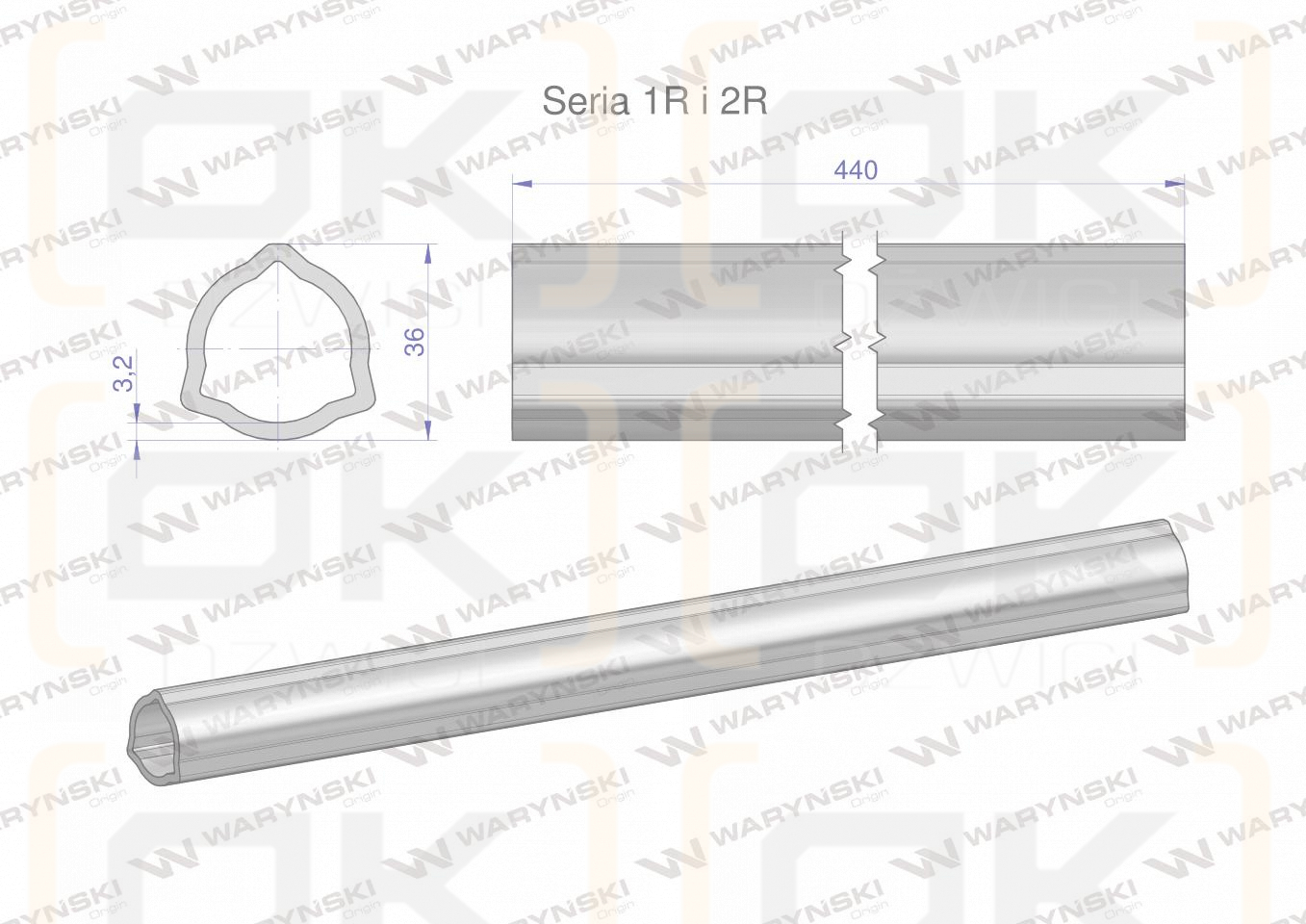 Rura wewnętrzna Seria 2R, rura zewnętrzna Seria 1R do wału 560 przegubowo-teleskopowego 36x3.2 mm 440 mm WARYŃSKI