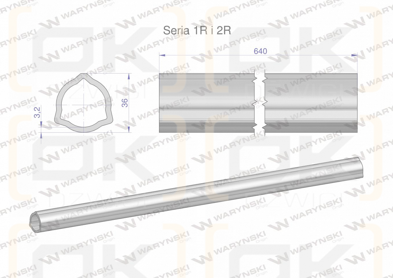 Rura wewnętrzna Seria 2R, rura zewnętrzna Seria 1R do wału 760 przegubowo-teleskopowego 36x3.2 mm 640 mm WARYŃSKI
