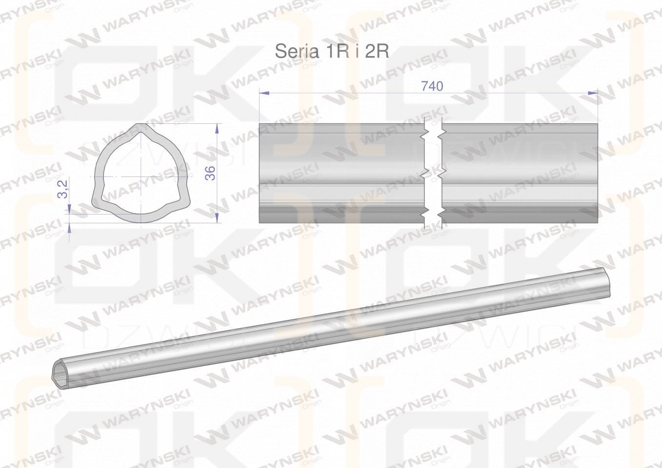 Rura wewnętrzna Seria 2R, rura zewnętrzna Seria 1R do wału 860 przegubowo-teleskopowego 36x3.2 mm 740 mm WARYŃSKI