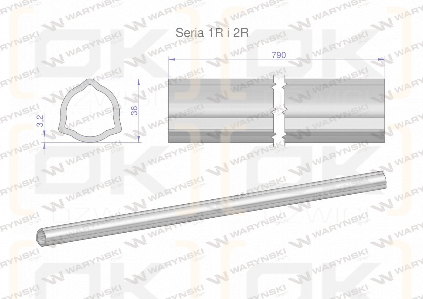 Rura wewnętrzna Seria 2R, rura zewnętrzna Seria 1R do wału 910 przegubowo-teleskopowego 36x3.2 mm 790 mm WARYŃSKI