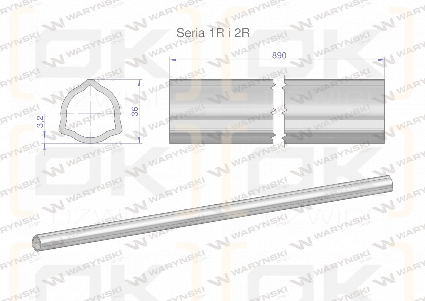 Rura wewnętrzna Seria 2R, rura zewnętrzna Seria 1R do wału 1010 przegubowo-teleskopowego 36x3.2 mm 890 mm WARYŃSKI