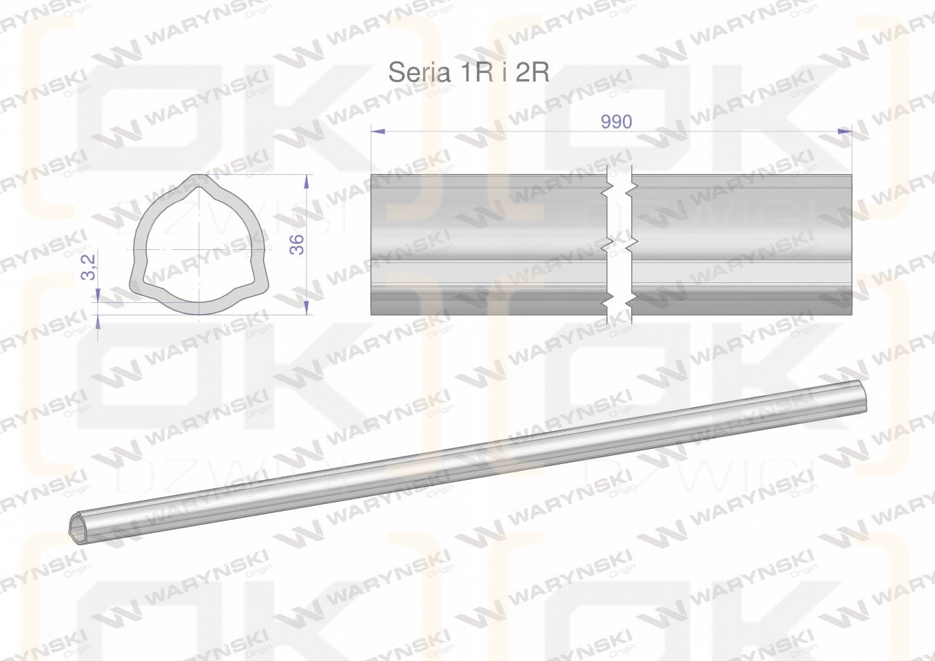 Rura wewnętrzna Seria 2R, rura zewnętrzna Seria 1R do wału 1110 przegubowo-teleskopowego 36x3.2 mm 990 mm WARYŃSKI