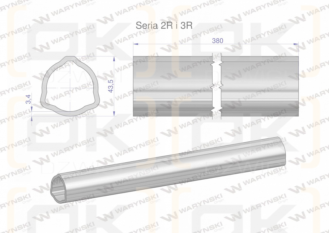 Rura zewnętrzna Seria 2R i 3R do wału 510 przegubowo-teleskopowego 43.5x3.4 mm 385 mm WARYŃSKI