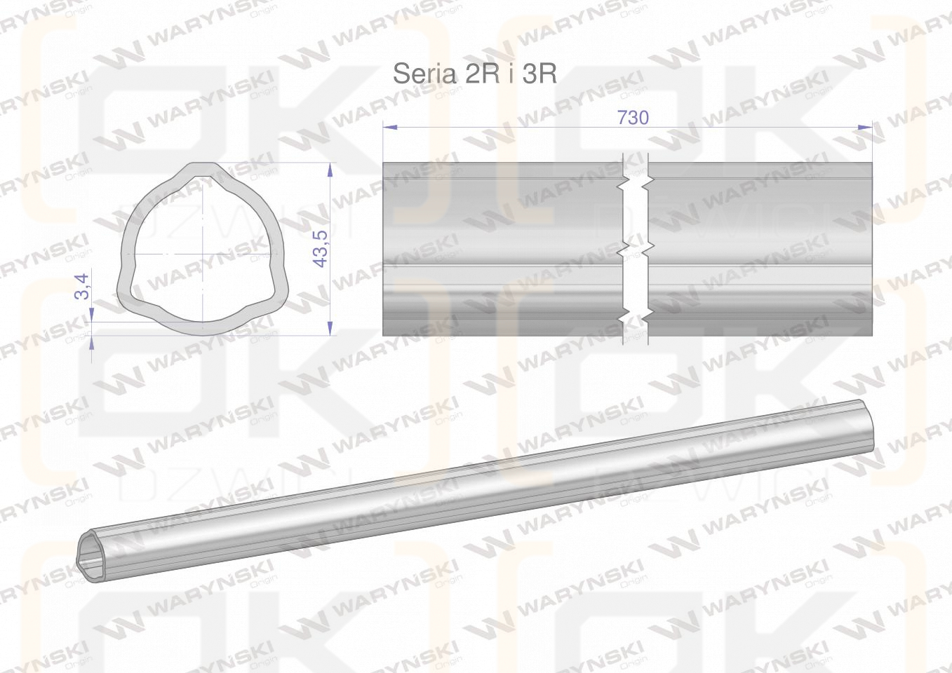 Rura zewnętrzna Seria 2R i 3R do wału 860 przegubowo-teleskopowego 43.5x3.4 mm 735 mm WARYŃSKI