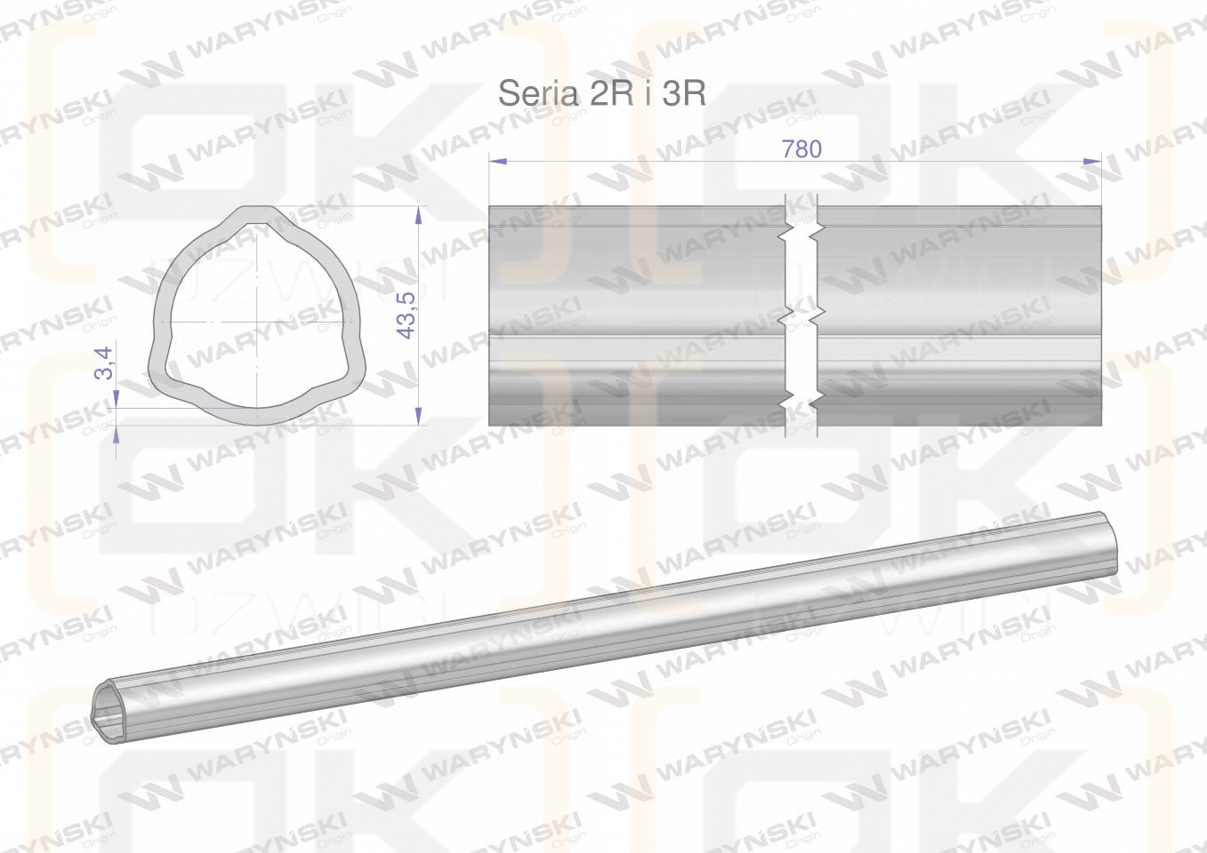 Rura zewnętrzna Seria 2R i 3R do wału 910 przegubowo-teleskopowego 43.5x3.4 mm 785 mm WARYŃSKI
