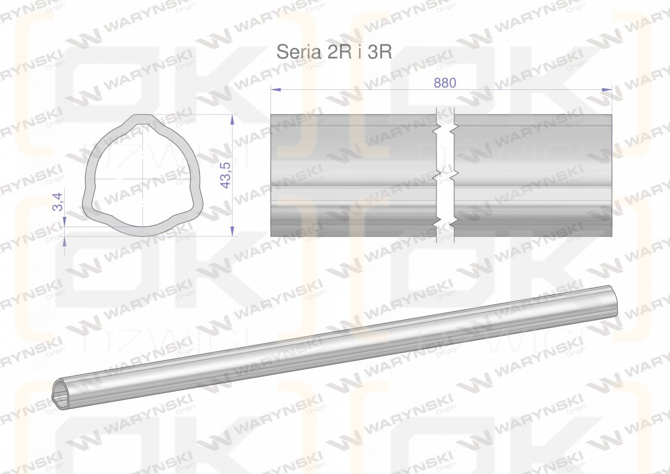 Rura zewnętrzna Seria 2R i 3R do wału 1010 przegubowo-teleskopowego 43.5x3.4 mm 885 mm WARYŃSKI