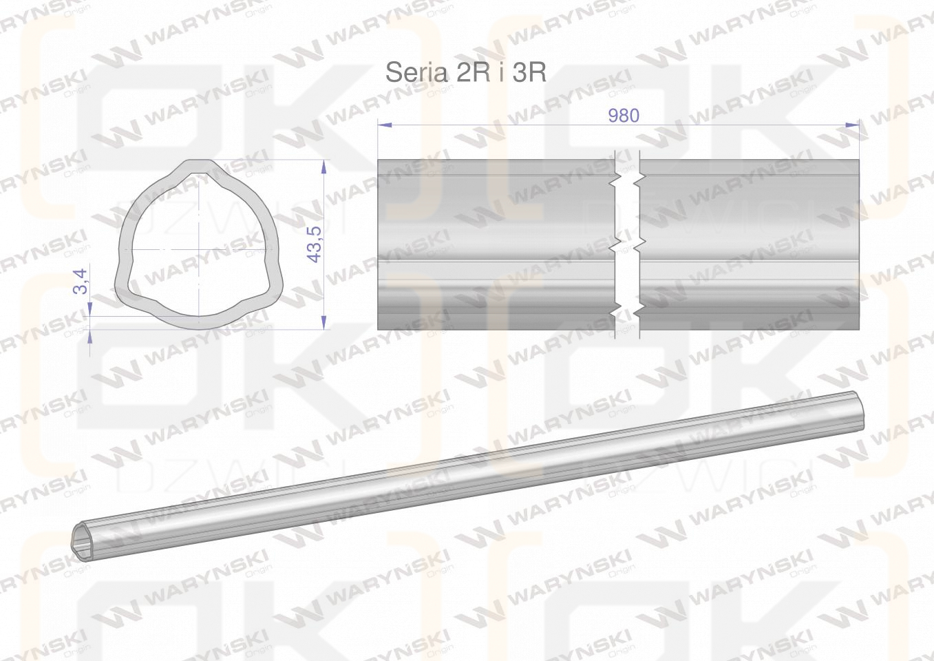 Rura zewnętrzna Seria 2R i 3R do wału 1110 przegubowo-teleskopowego 43.5x3.4 mm 985 mm WARYŃSKI