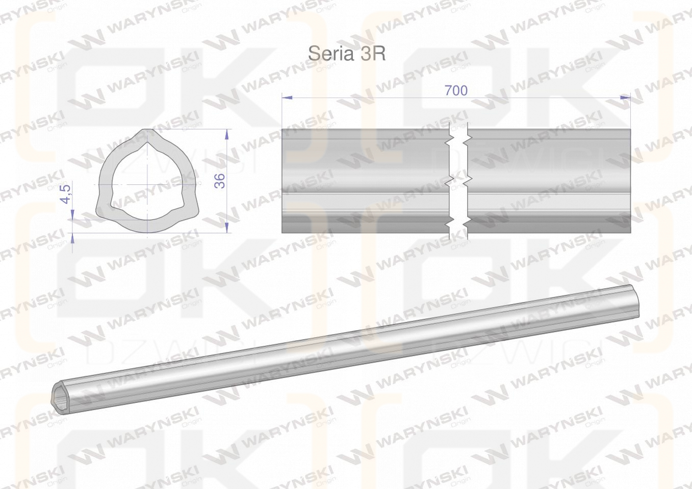 Rura wewnętrzna Seria 3R do wału 860 przegubowo-teleskopowego 36x4.5 mm 705 mm WARYŃSKI