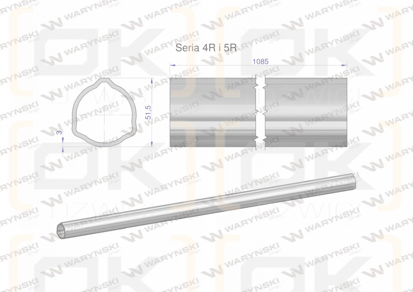 Rura zewnętrzna Seria 4R i 5R do wału 1210 przegubowo-teleskopowego 51.5x3 mm 1085 mm WARYŃSKI