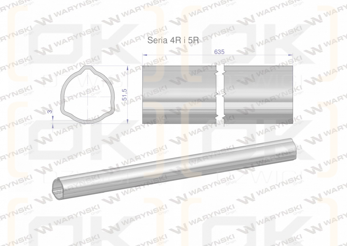 Rura zewnętrzna Seria 4R i 5R do wału 760 przegubowo-teleskopowego 51.5x3 mm 635 mm WARYŃSKI