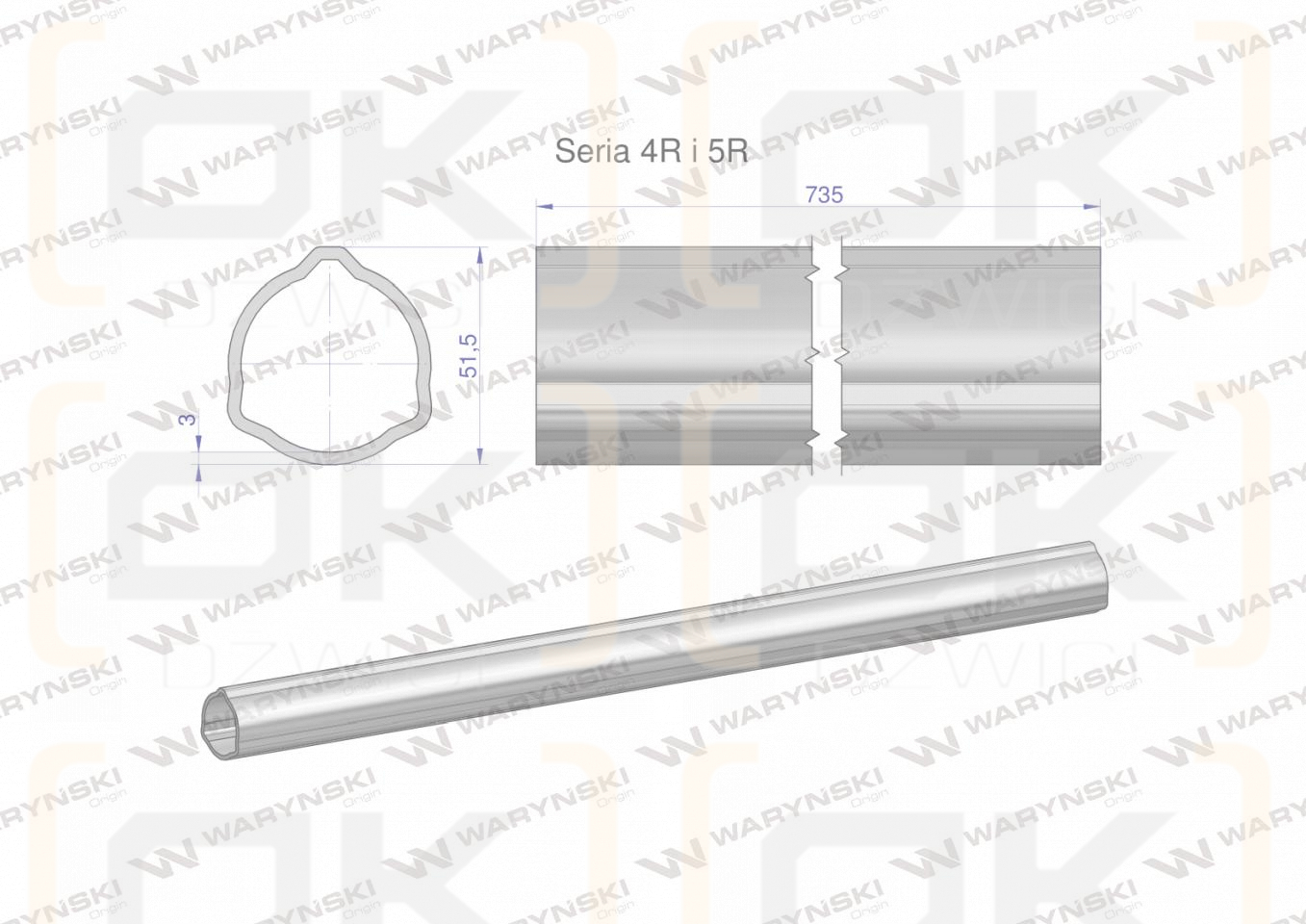 Rura zewnętrzna Seria 4R i 5R do wału 860 przegubowo-teleskopowego 51.5x3 mm 735 mm WARYŃSKI