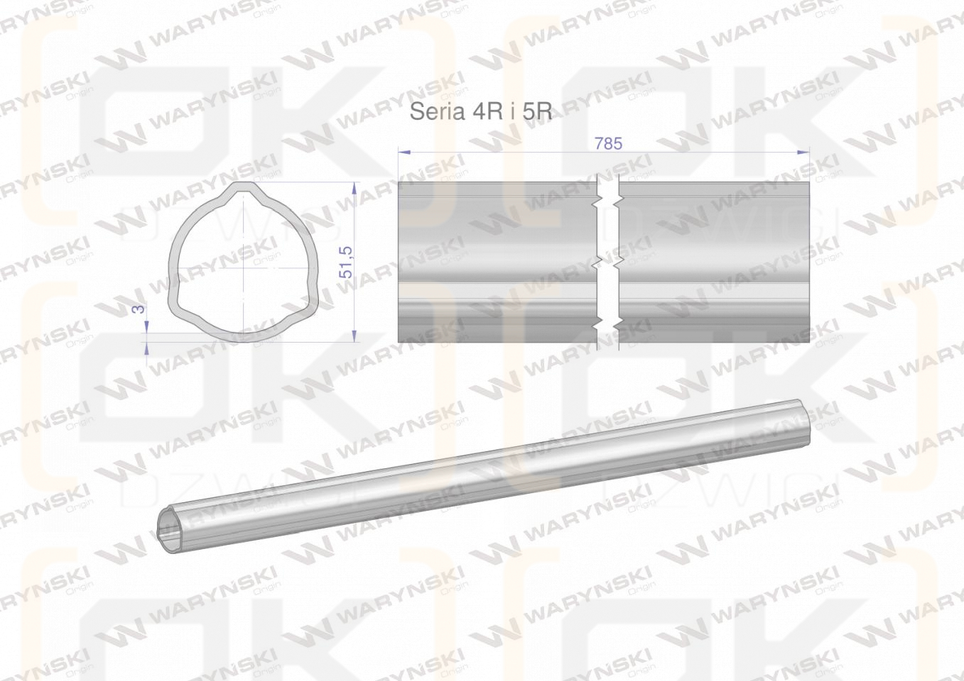 Rura zewnętrzna Seria 4R i 5R do wału 910 przegubowo-teleskopowego 51.5x3 mm 785 mm WARYŃSKI