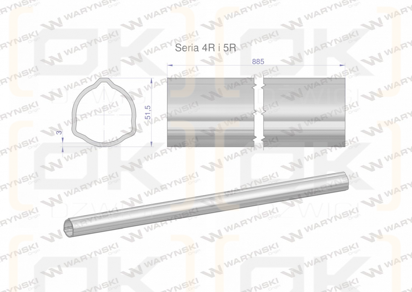 Rura zewnętrzna Seria 4R i 5R do wału 1010 przegubowo-teleskopowego 51.5x3 mm 885 mm WARYŃSKI