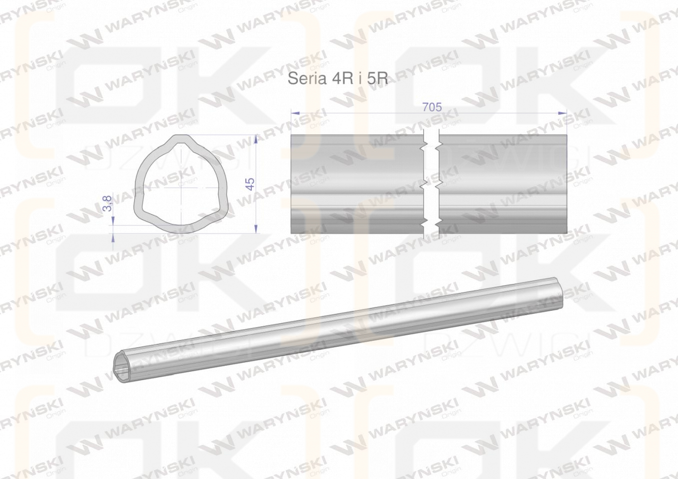 Rura wewnętrzna Seria 4R i 5R do wału 860 przegubowo-teleskopowego 45x3.8 mm 705 mm WARYŃSKI