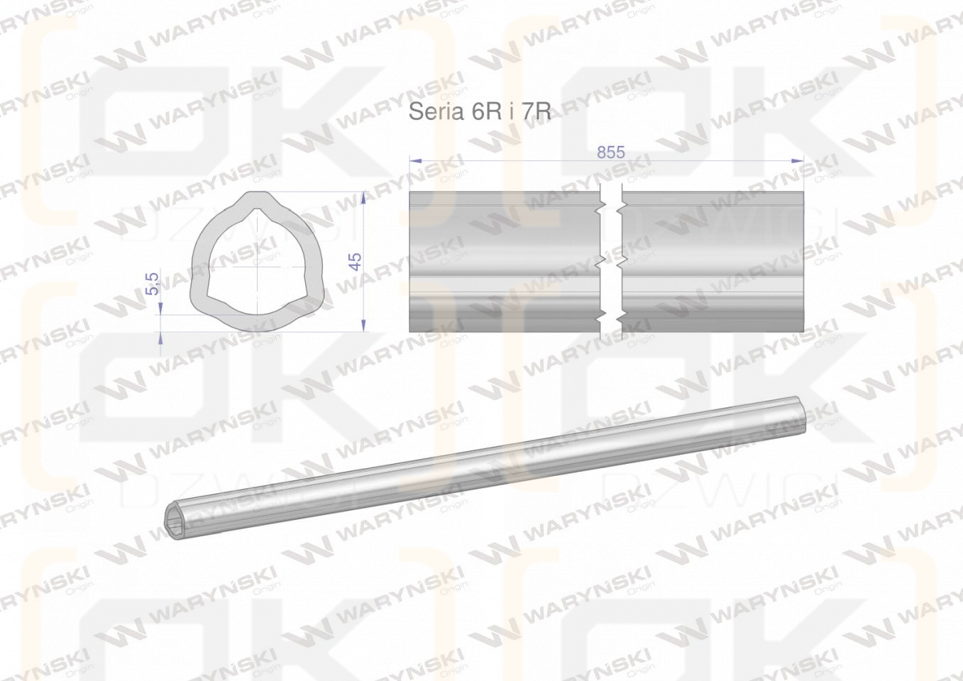 Rura wewnętrzna Seria 6R i 7R do wału 1010 przegubowo-teleskopowego 45x5.5mm 855 mm WARYŃSKI