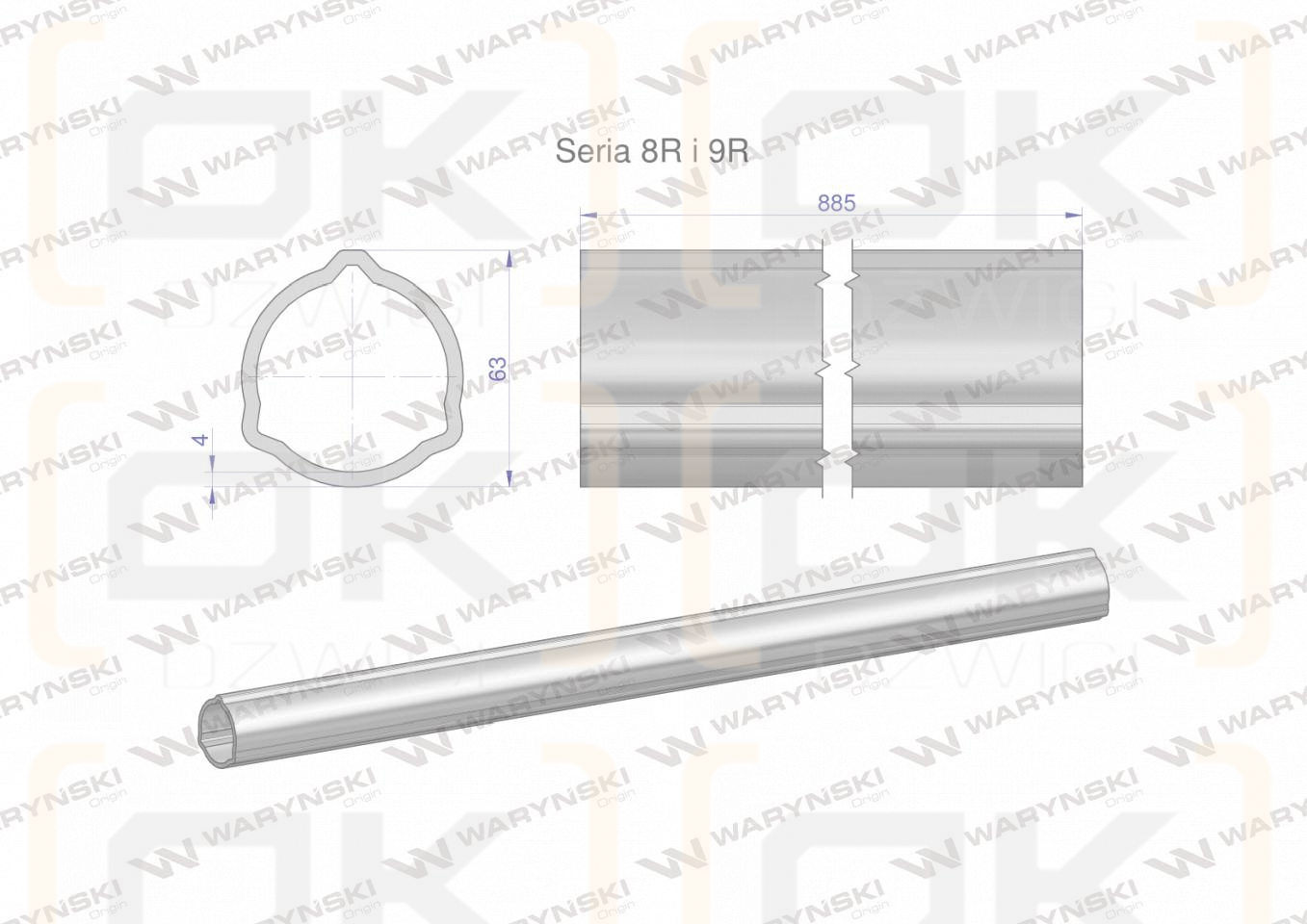 Rura zewnętrzna Seria 8R i 9R do wału 1010 przegubowo-teleskopowego 63x4 mm 885 mm WARYŃSKI