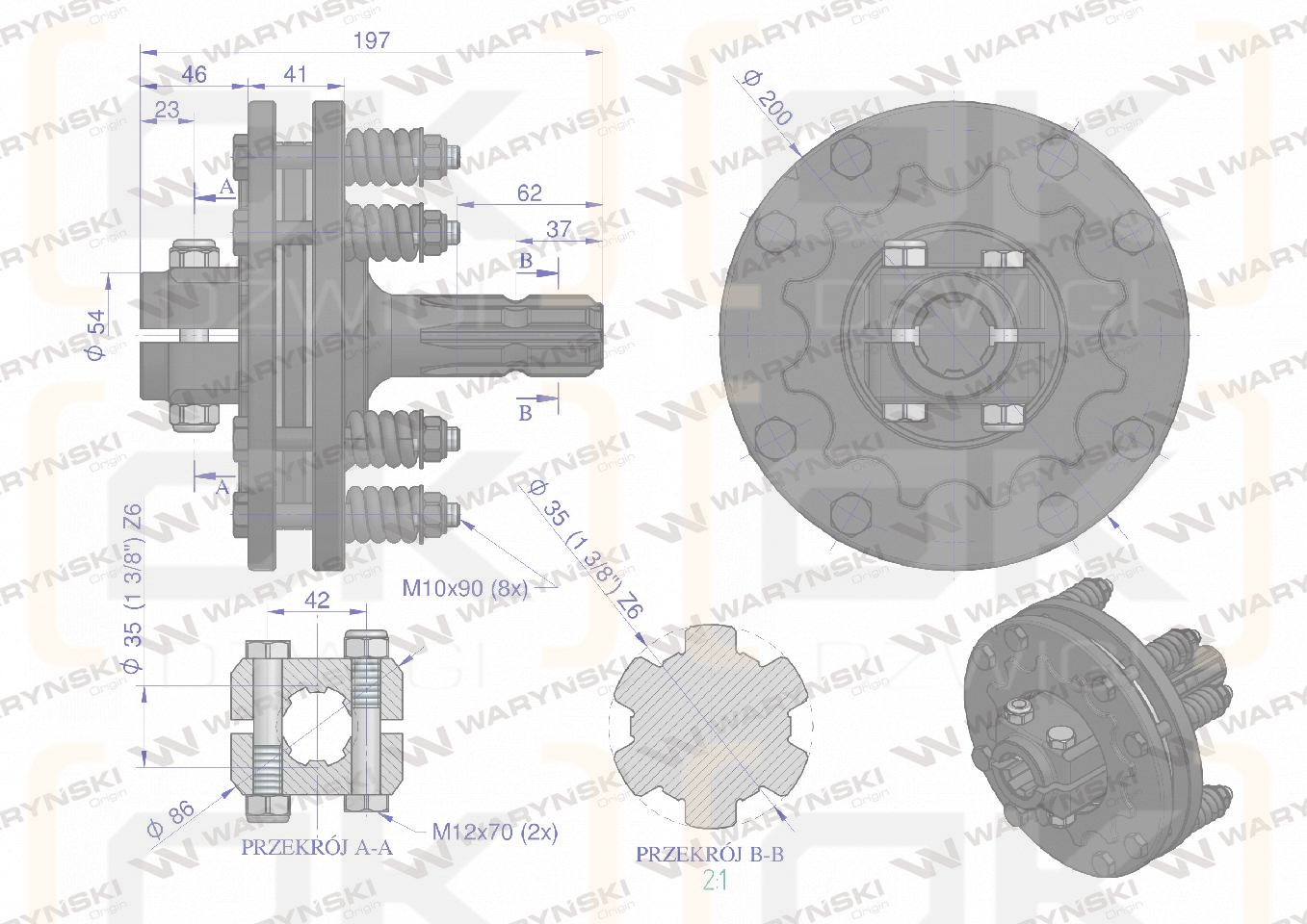Sprzęgło zewnętrzne cierne wału 1200Nm - 1 3/8 Z6 Waryński