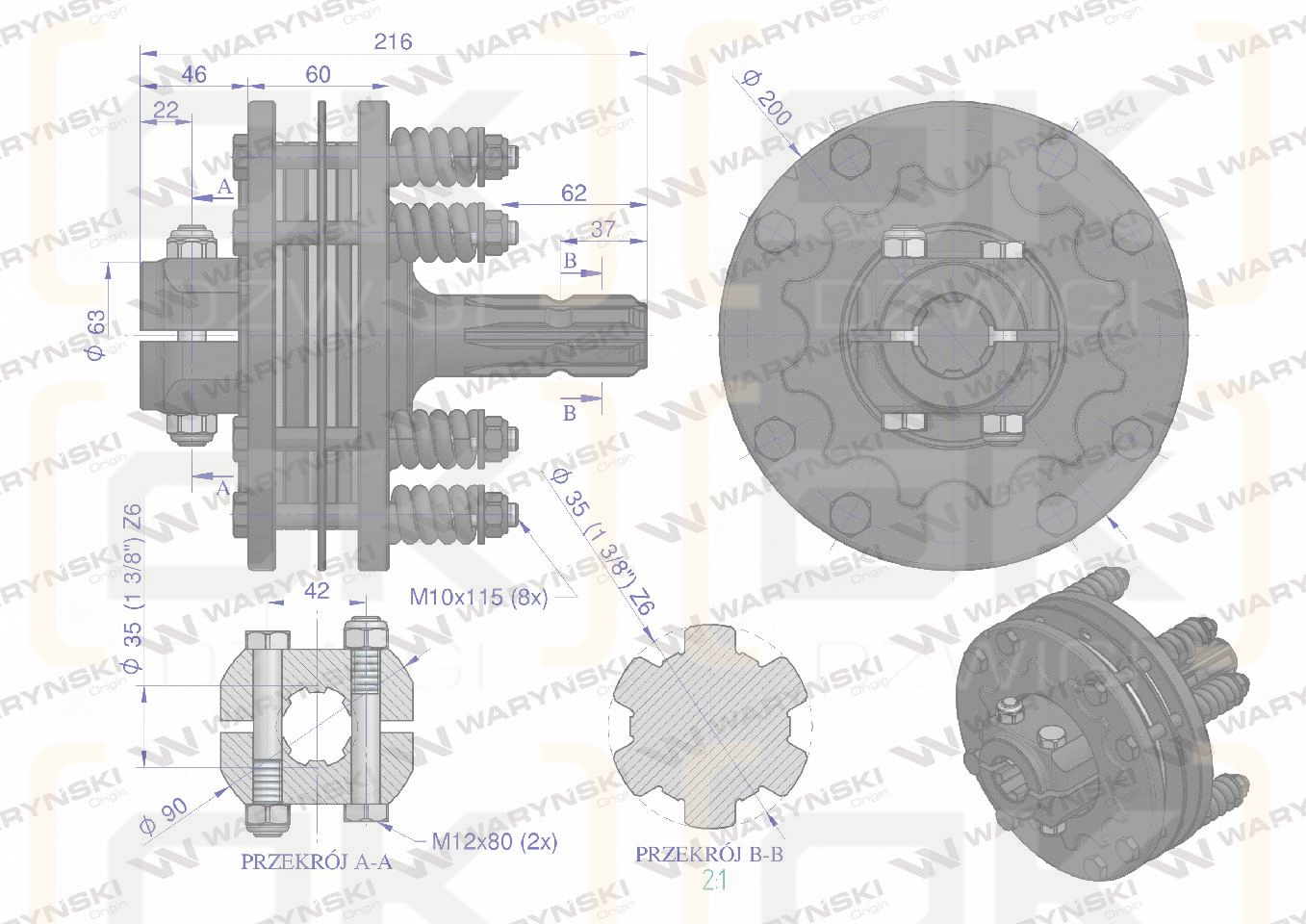 Sprzęgło zewnętrzne cierne wału 1700Nm - 1 3/8 Z6 Waryński