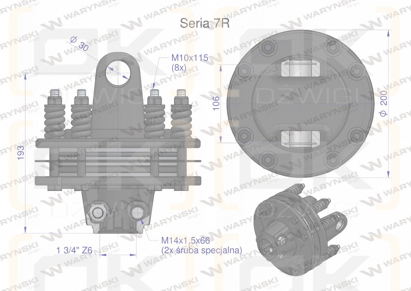 Sprzęgło cierne 4 tarczowe wału Seria 7R 1700Nm - 30x106 - 1 3/4 Z6 WARYŃSKI