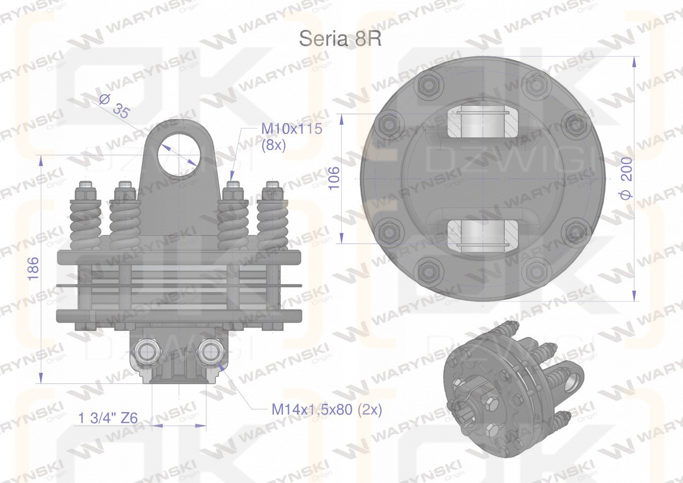 Sprzęgło cierne 4 tarczowe wału Seria 8R 1700Nm - 35x106 - 1 3/4 Z6 WARYŃSKI