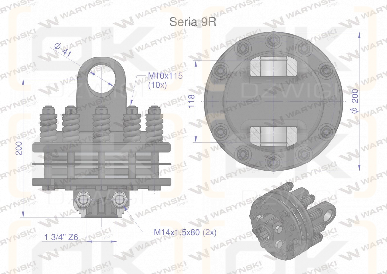 Sprzęgło cierne 4 tarczowe wału Seria 9R 1700Nm - 41x118 - 1 3/4 Z6 WARYŃSKI