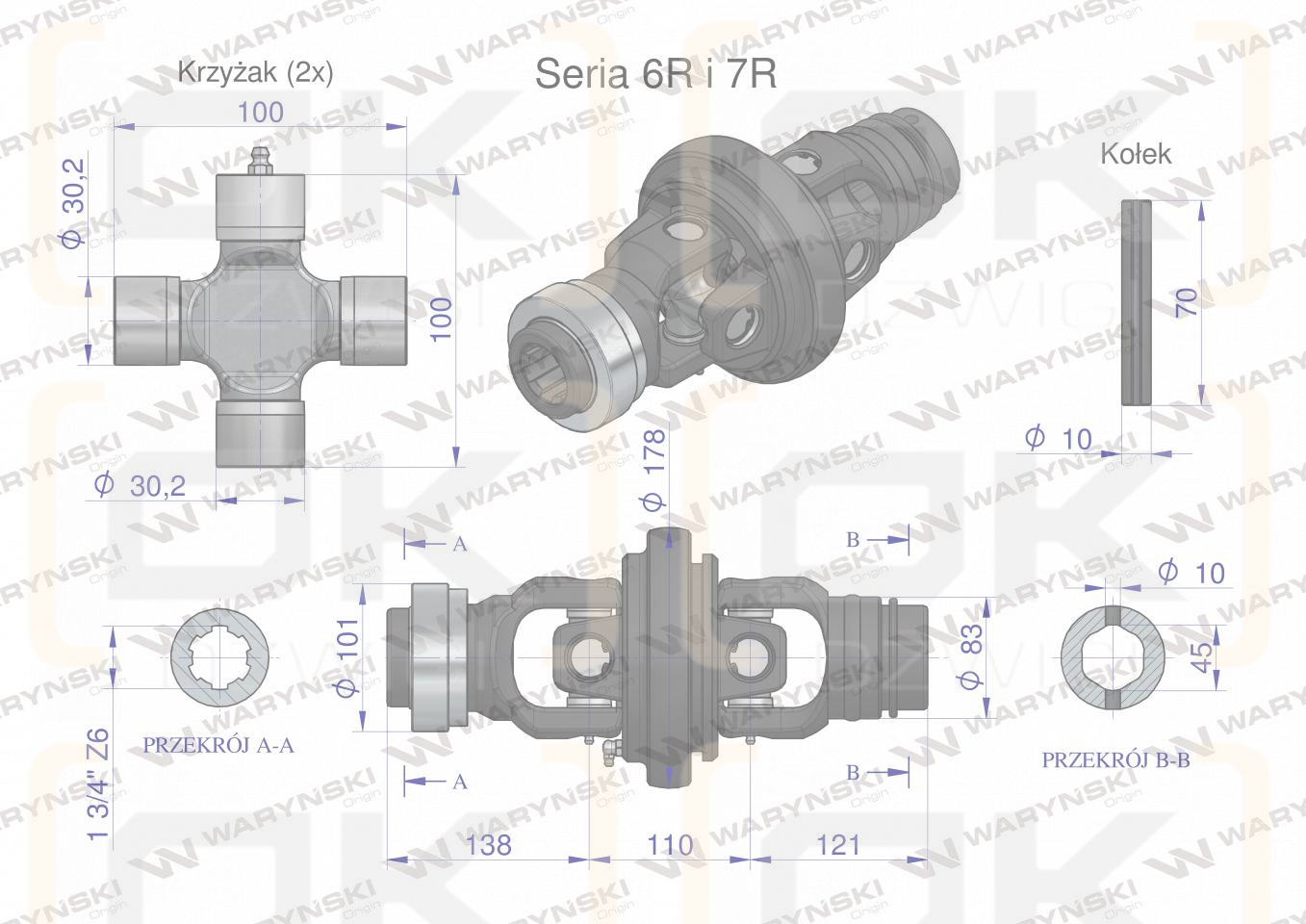 Wide-angle joint, shaft set Series 6R 7R for pipe 45x5.5 - 1 3/4 Z6, Waryński