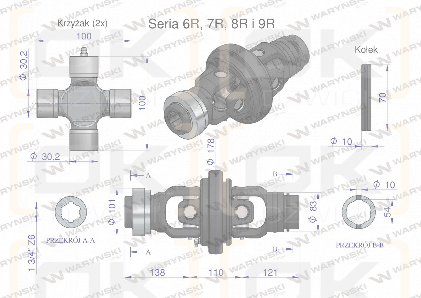 Wide-angle joint, shaft set Series 6R 7R 8R 9R for pipe 54X4 - 1 3/4 Z6, Waryński