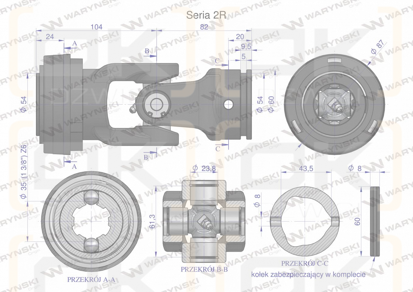 Przegub kompletny z krzyżakiem 23.8X61.3 seria 2 do rury zewnętrznej 43.5mm Waryński